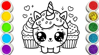 Unicorn cute cat with cupcakes Easy and Beautiful drawing easy with colours [upl. by Dyal]