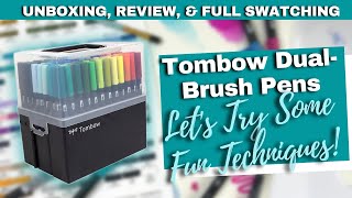 TOMBOW DUALBRUSH PENS  Unboxing Review Full Swatching amp SHARING SOME COOL TECHNIQUES [upl. by Swarts815]