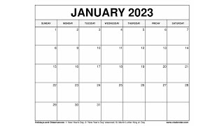 Printable January 2023 Calendar Templates with Holidays  VL Calendar [upl. by Pulcheria]