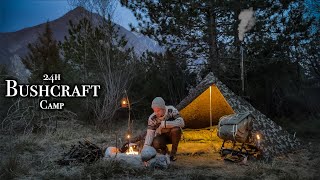 24h Bushcraft Camp  Austrian Zeltbahn Hot Tent Campfire Cooking Fjällräven  Gyro [upl. by Kendre514]