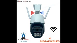 Cámara PRIMETECHS IP WIFI PTZ 4MP Alarma y Estrobo con APP ICSEE para Iphone y android Onvif [upl. by Hild]