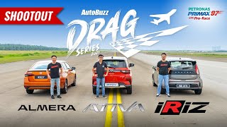 Drag Race Perodua Ativa vs Nissan Almera vs Proton Iriz on KLIA Runway  AutoBuzzmy [upl. by Eesac396]