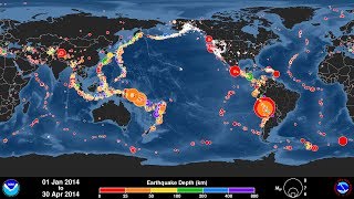 Global Earthquake Animation January  April 2014 [upl. by Woll329]