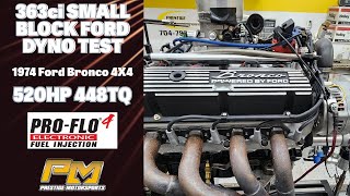 Edelbrock Pro Flo EFI 520hp 363ci Ford Dyno Test for Roberts 74 Bronco at Prestige Motorsports [upl. by Aynwat86]