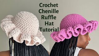 Crochet Cozy Ruffle Hat  Chenille Ruffle Hat  Beginner Friendly Crochet Hat Tutorial [upl. by Gnort]