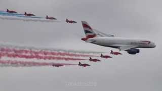 RIAT 2013 A380 Flypasts with Red Arrows [upl. by Aleras241]