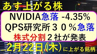 あす上がる株 2024年２月２２日（木）に上がる銘柄 ～最新の日本株での株式投資。初心者でも。NVIDIAが急落。エヌビディアの影響で米国市場も下げ。ＱＰＳ研究所が急落中。２社の株式分割～ [upl. by Nauqe]