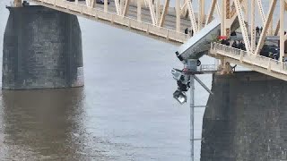 Drone video captures dramatic rescue of woman stuck in semi truck dangling over Louisville bridge [upl. by Ikairik]