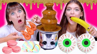 ASMR CHOCOLATE FOUNTAIN FONDUE CHALLENGE  Chocolate VS Real Food By LiLiBu [upl. by Yanttirb]