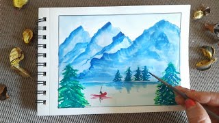 Himalaya Mountain Drawing  Simple Watercolor Landscape Painting  Mountain Scenery Aquarelle [upl. by Salena]