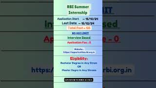 RBI SUMMER INTERNSHIP 2024 rbiinternship bankjobs rbibank [upl. by Sampson]