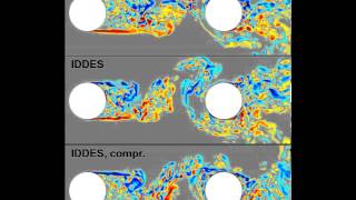 Tandem cylinder DDES vs IDDES vs compr IDDES in jet spanwise vorticity on slice plain [upl. by Ingmar847]