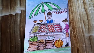 YERLİ MALI HAFTASI RESMİ 🍎🍊 MANAV ÇİZİMİ  FRUIT AND VEGETABLES SELLER DRAWING GREENGROCER DRAWING [upl. by Ordnaxela]