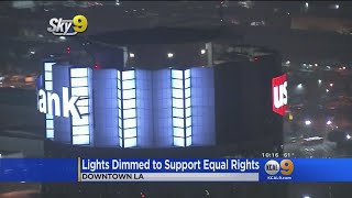 LAs US Bank Tower Dims Lights In Support Of HeForShe Demonstration [upl. by Edgardo25]