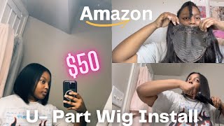 Amazon Wig Human Hair  U part Bob Install [upl. by Mariele321]