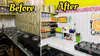 Indian Non Modular Kitchen MakeoverKitchen Makeover with wallpapersDIY countertop organisation [upl. by Etnoid562]