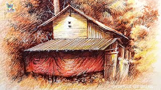 Drawing House with Color Pencil Art  Easy Coloring Art [upl. by Olimpia]