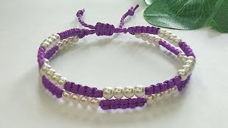 How to Make Double Larks Head Knot With Pearl Beads  Macrame Bracelet Tutorial [upl. by Thomasin683]