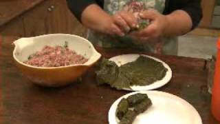 Elizabeths Greek Kitchen Cooking Class  Dolmathes  Greek Mincerice stuffed vine leaves [upl. by Ahseral]