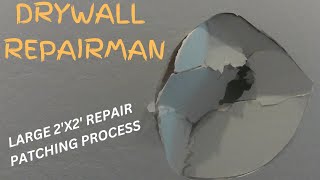 Patching large hole in wall Easy drywall patching process and skip trowel texture matching sheetrock [upl. by Ikilisav]