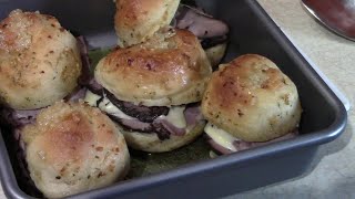 Garlic Knot Sliders with Roast Beef Cheese and Horseradish Sauce [upl. by Krissie]