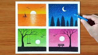 Beautiful 4 Different Scenery Drawing  Easy Oil Pastel Drawing  Step by step [upl. by Anemolif]