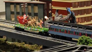 Brand New MTH Railking Christmas Santa Rudolph Lighted Flatcar at Corner Field Model Railroad Museum [upl. by Cykana806]