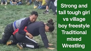 A tall and strong girl defeats a village boy mixed traditional freestyle mixed wrestling girl vs boy [upl. by Lleinnad]