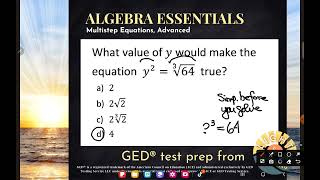 GED® Math Multistep Equation with Powers and Roots 111 Adv  8 [upl. by Lusty391]