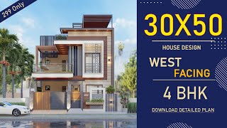 30x50 West Facing House Plan  1500 Square feet  4 BHK  3050 House Design 3D  30y50 House Plan [upl. by Eittik]