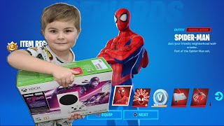 Surprising My 6 Year Old Kid Giving Him 13500 VBucks To Unlock SpiderMan And A XBOX S CONSOLE [upl. by Ahsoyem]