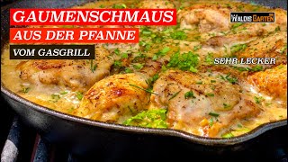 GAUMENSCHMAUS AUS DER PFANNE  HÄHNCHENSCHENKEL IN PILZSAHNESAUCE  VOM GASGRILL [upl. by Freiman]