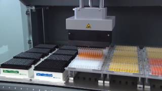 An MCA 96 is multi pipetting from a deep well to a micro plate [upl. by Sorgalim768]