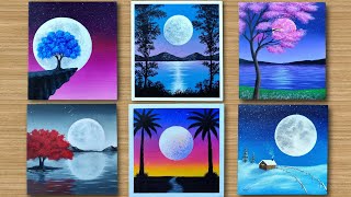 Full Moon  6 Easy Moonlight scenery painting for Beginners  Acrylic Painting [upl. by Johppah]