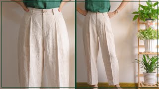 DIY High Waisted Pleated Baggy Pants  Linen Baggy Trousers [upl. by Aicnelev]