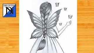 How to draw a Girl with Butterfly wings  Pencil sketch for beginner  Easy drawing  Drawing [upl. by Hgielram]