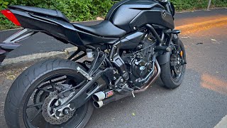 Yamaha MT07 Ixil Hyperlow Dual Exhaust Flyby amp flames🔥  MT07 wheelies [upl. by Alihs77]