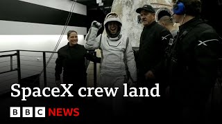 SpaceX crew returns to Earth after historic mission  BBC News [upl. by Yelrebma]