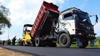 Straßenbau Road Work Asphalt Paving Construction With Tipper Paver Tandem And Tire Roller [upl. by Dace]