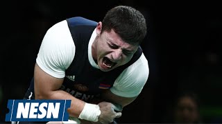 Armenian Weightlifter Suffers Disturbing Elbow Injury [upl. by Orgalim712]