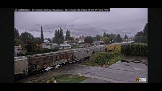 CPKC sticker unit leading CPKC grain train at Revelstoke Railcam [upl. by Borlase727]