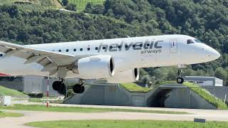 Embraer E190E2 HBAZB Helvetic Airways landing Sion airport Valais Switzerland 04072024 [upl. by Hasile]