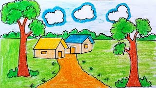 How To Draw Village Scenery Setp by Step  Scenery Art  Ghar Aka [upl. by Eirbua629]