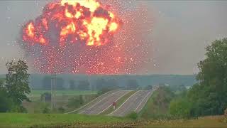 Massive explosion at Ukraine ammunition depot forces evacuation [upl. by Hannavas581]