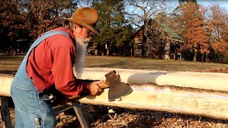 Hewing Oak Log for Floor Joist  Dovetail Log Cabin Build Ep 6 [upl. by Ainessey921]