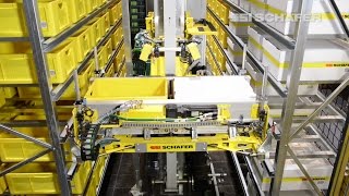 Storageretrieval machine for bins cartons and trays – Schäfer Miniload Crane [upl. by Harahs]