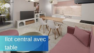 3 exemples de cuisine avec îlot central et table intégrée [upl. by Pahl266]