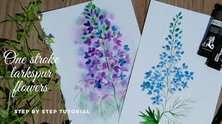 One stroke Larkspur watercolour flowers  Julys birth flower  Delphinium  Step by step tutorial [upl. by Ellienad]