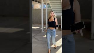 Saying hi to you in the parking garage 😊 jeans heels short shorts shortsfeed [upl. by Elleirb]