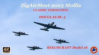 DOUGLAS DC3 amp 3X BEECHCRAFT 18 Classic Formation ZigAirMeet Mollis AOÛT 2023 [upl. by Ahse909]